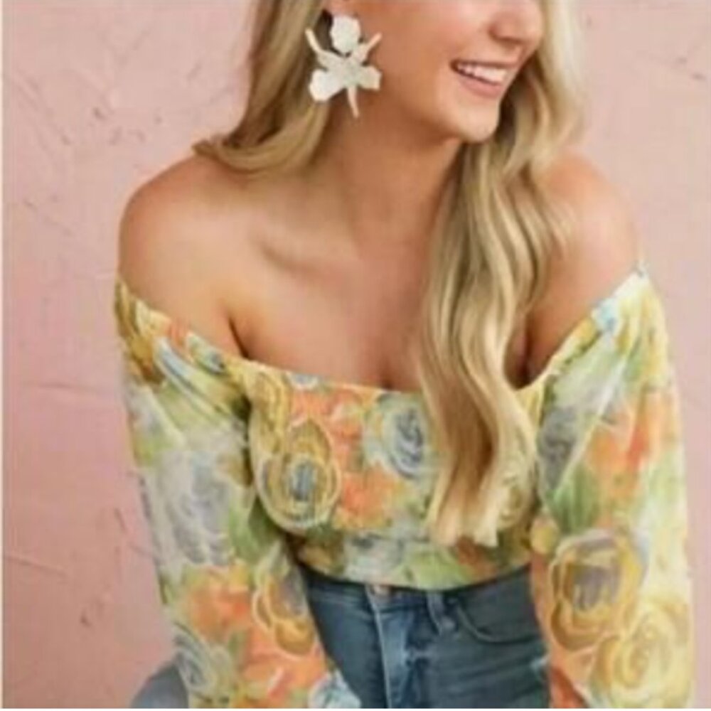 Anthropologie yellow floral Smocked long sleeve off the shoulder Blouse EUC